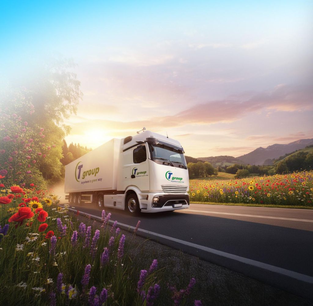 Camion T group che attraversa un campo di fiori selvatici al tramonto